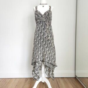 Y2K Swirl Ruffle Midi Dress Size‎ 4 Cream Black Asymmetrical Babydoll Artsy Boho